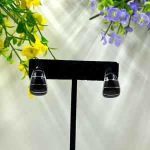 925 Sterling Silver and Black Enamel Vintage Half Hoop Earrings